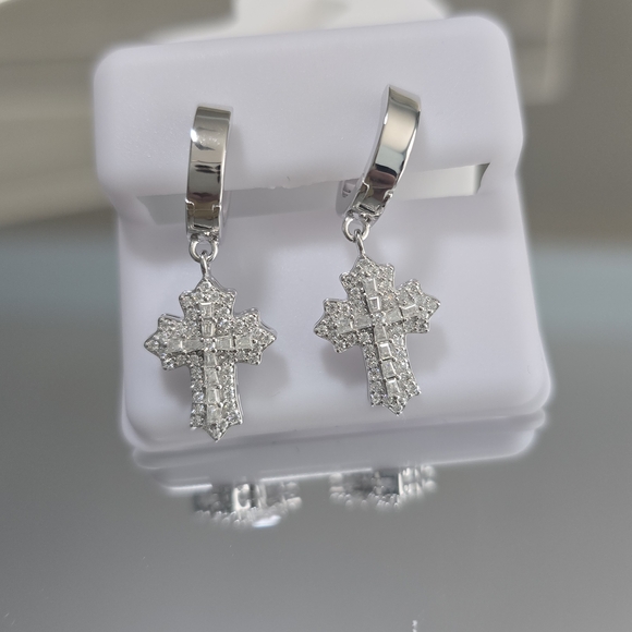 Elegant Silver Momssanite Cross Dangle Earrings